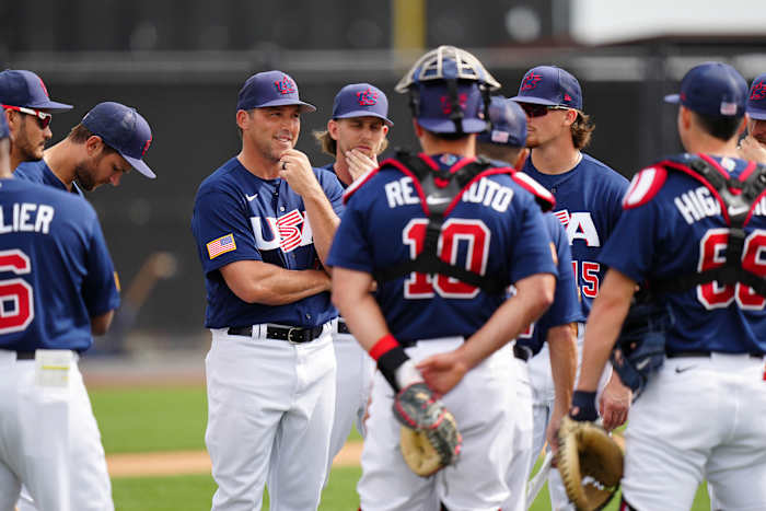 Manager Mark DeRosa of Team USA speaks to the team during a workout in Phoenix